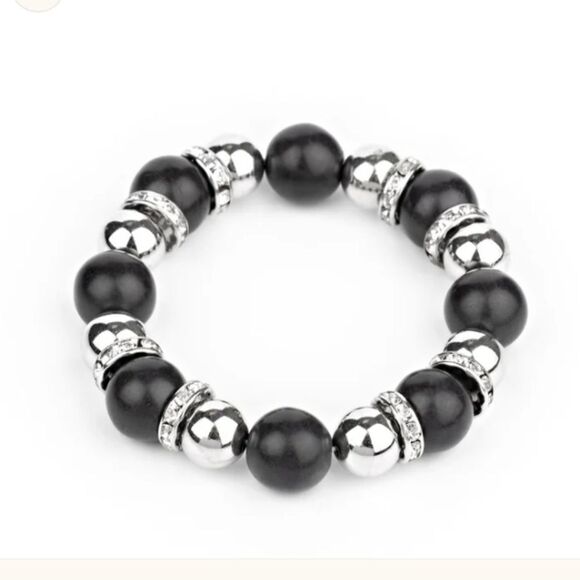 Elegant Black Silver Tone Beaded Bracelet Stretchy Womens Jewelry Accessory Cute - Picture 2 of 13